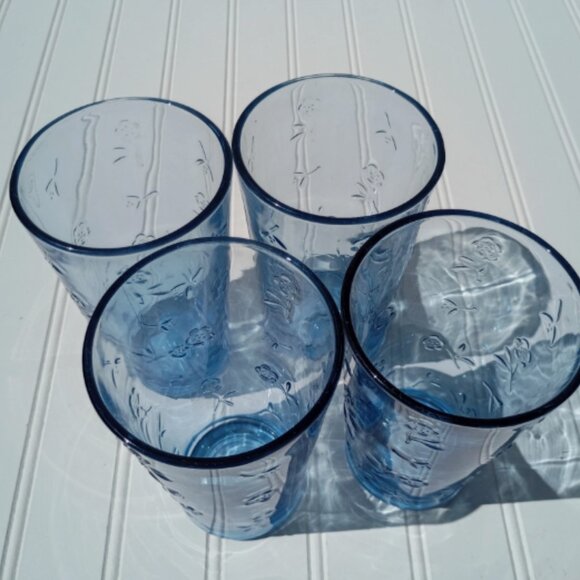 Anchor Hocking Savannah Tumblers Blue Drinking Glasses Etched Flowers SET OF 4 - Picture 13 of 15
